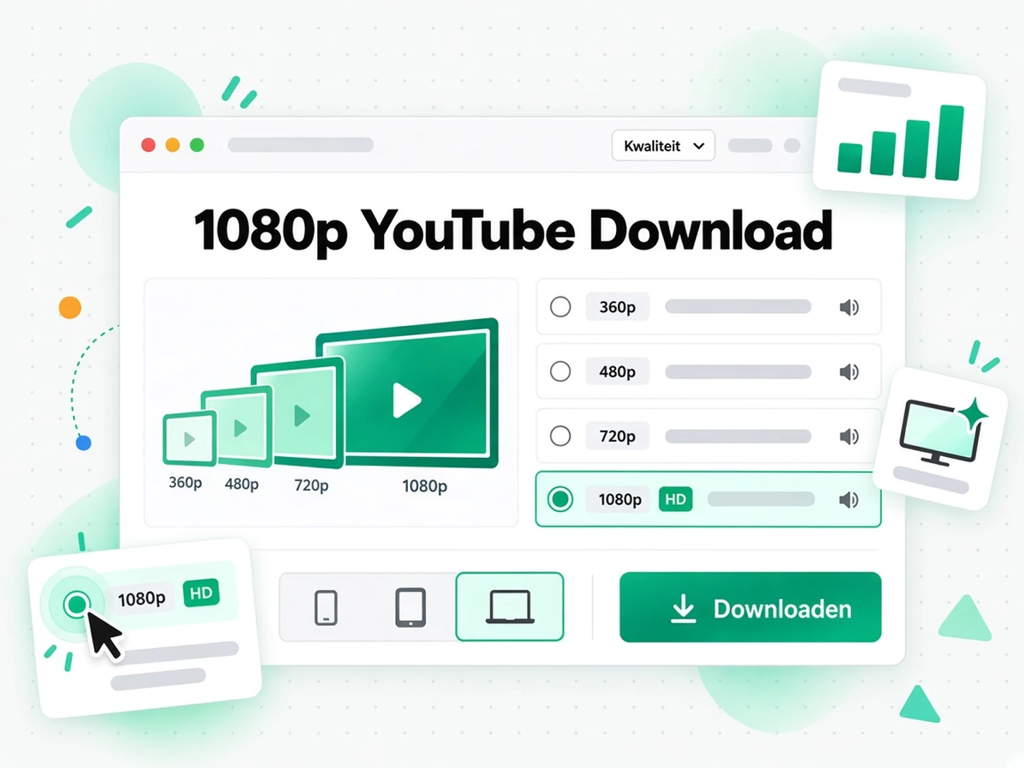 1080p YouTube downloaden: vier videominiaturen met oplopende resolutie van 360p tot 1080p