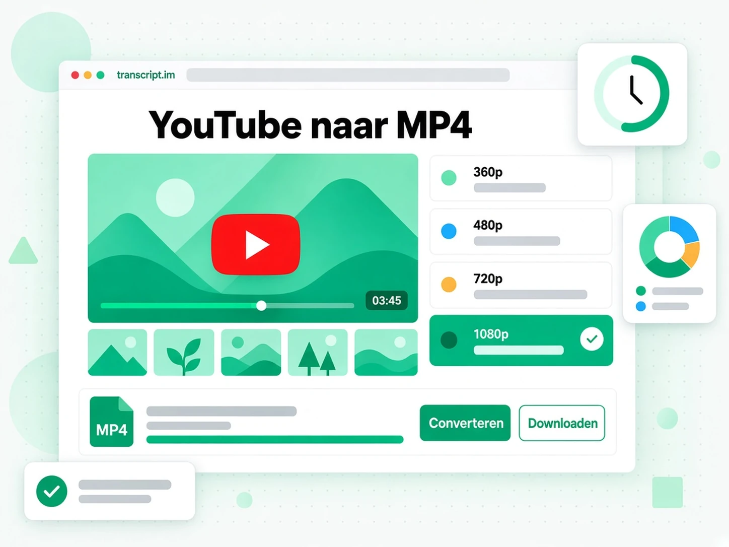 YouTube naar MP4: een resolutieraster van 360p tot 1080p met 1080p geselecteerd en een downloadknop voor MP4
