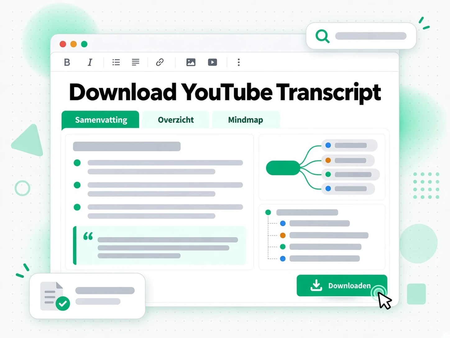 YouTube transcript downloaden: samenvatting, outline en mindmap gegenereerd uit een YouTube-transcript