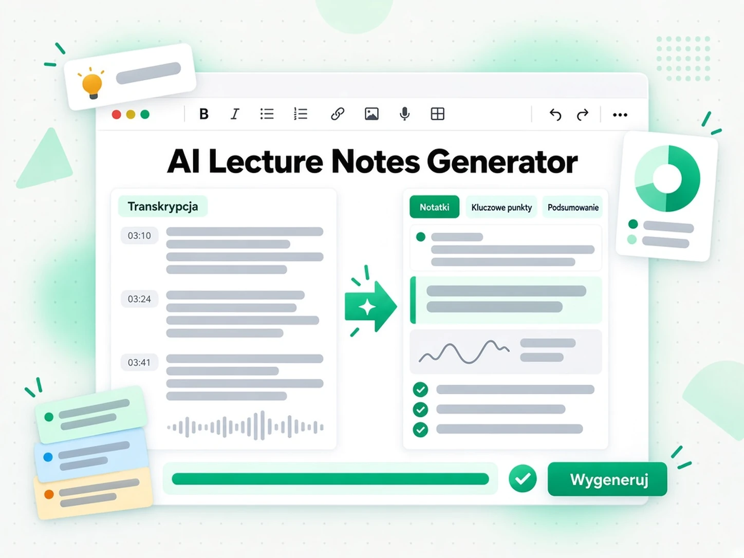 Generator notatek AI przekształca transkrypcję wykładu w uporządkowane notatki do nauki