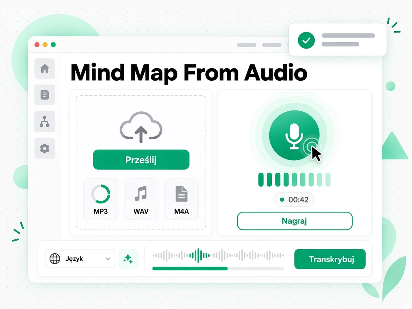 Przesłanie pliku audio do generatora map myśli z nagrania