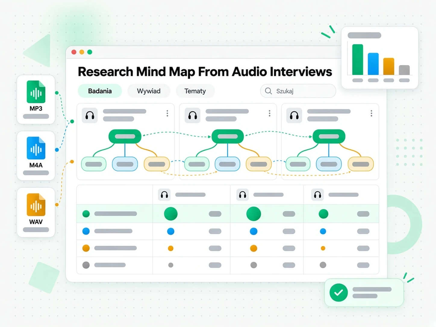 Mapa myśli z wywiadów audio służąca do syntezy badań