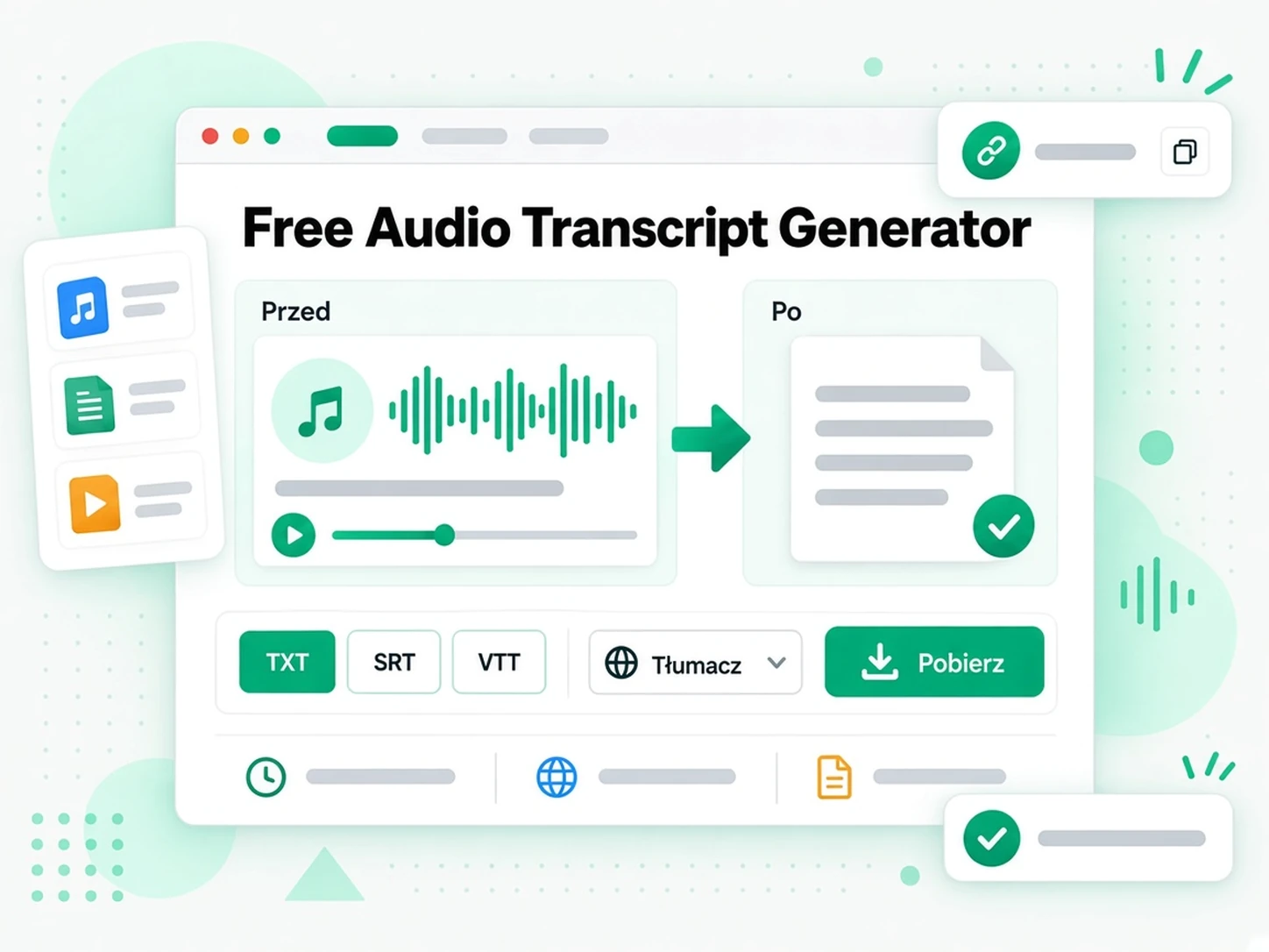 Darmowy generator transkrypcji audio umożliwia tłumaczenie i eksport transkrypcji