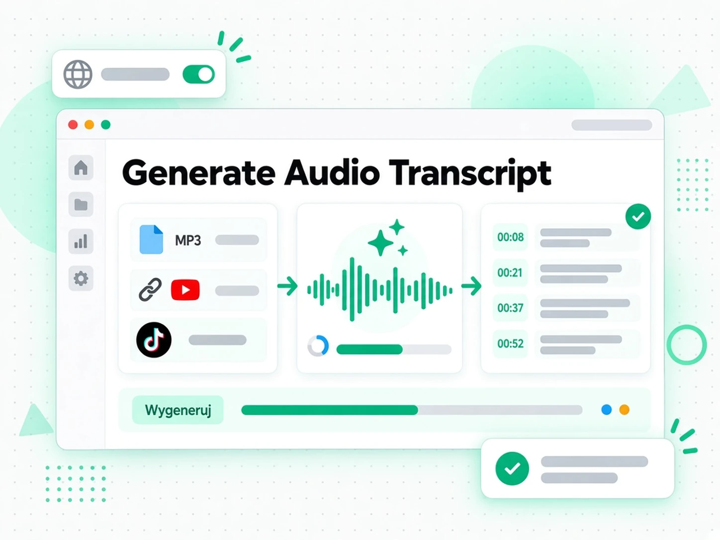 Przesłanie pliku audio lub wklejenie linku do generatora transkrypcji audio