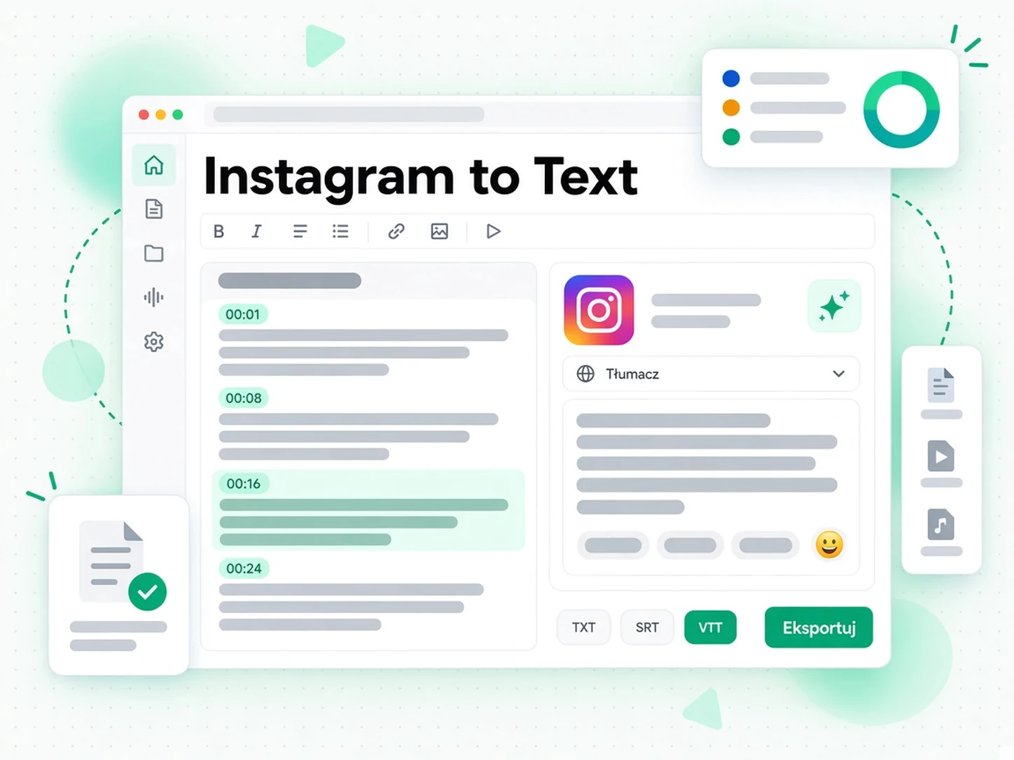 Tłumaczenie i eksport transkrypcji rolki Instagram