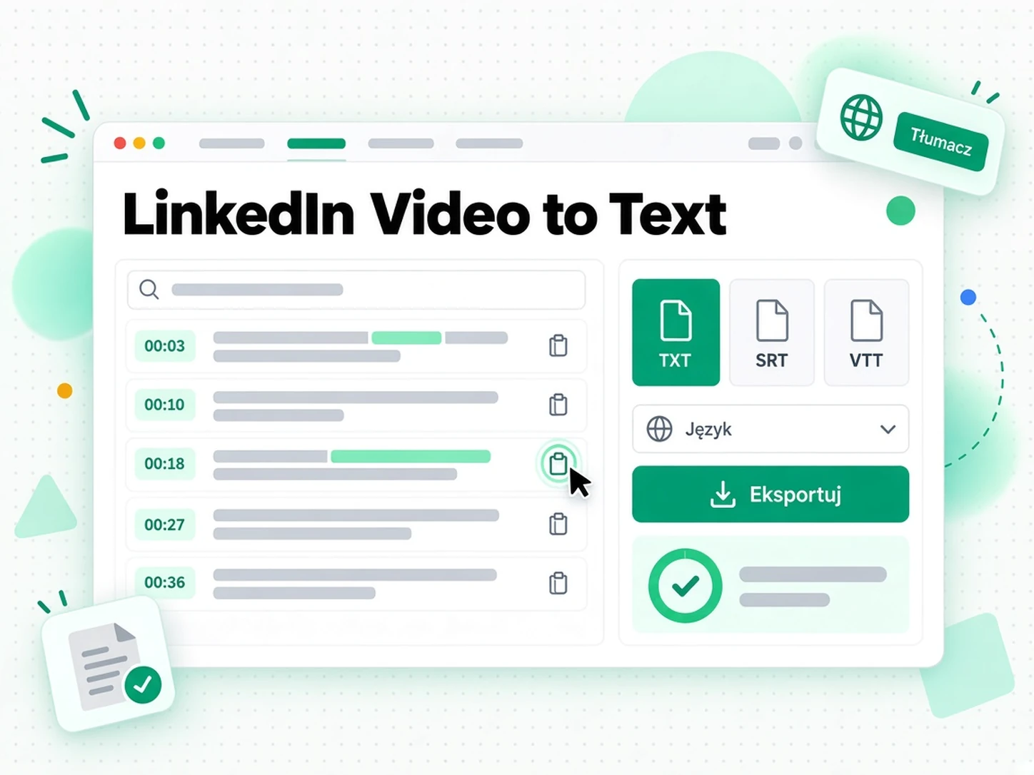 Eksport i tłumaczenie gotowej transkrypcji wideo LinkedIn