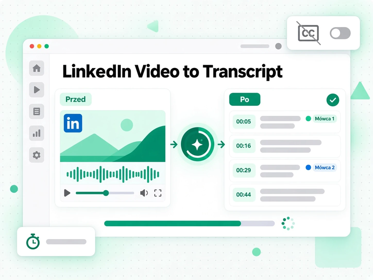AI transkrybuje dźwięk filmu LinkedIn do transkrypcji ze znacznikami czasu