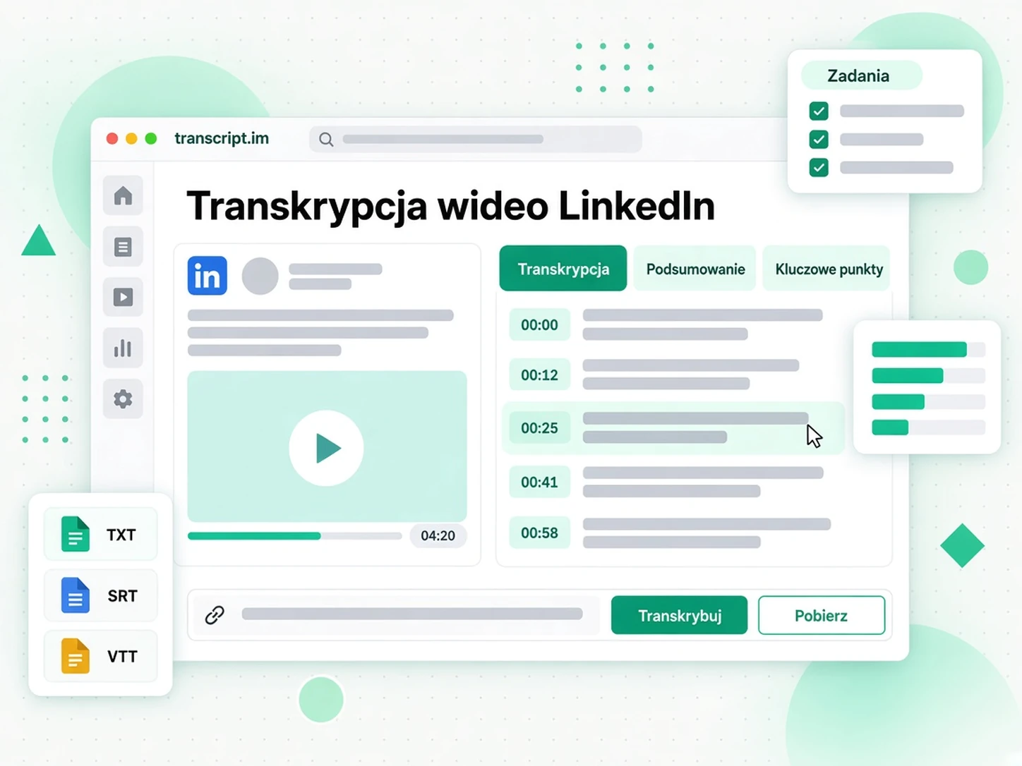 Transkrypcja wideo LinkedIn: generator pokazuje publiczny adres postu i transkrypcję ze znacznikami czasu