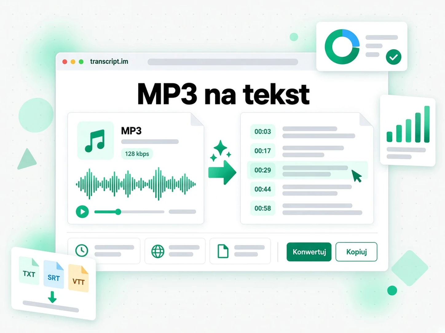 MP3 na tekst: konwerter zamienia przesłany plik MP3 w edytowalny tekst ze znacznikami czasu