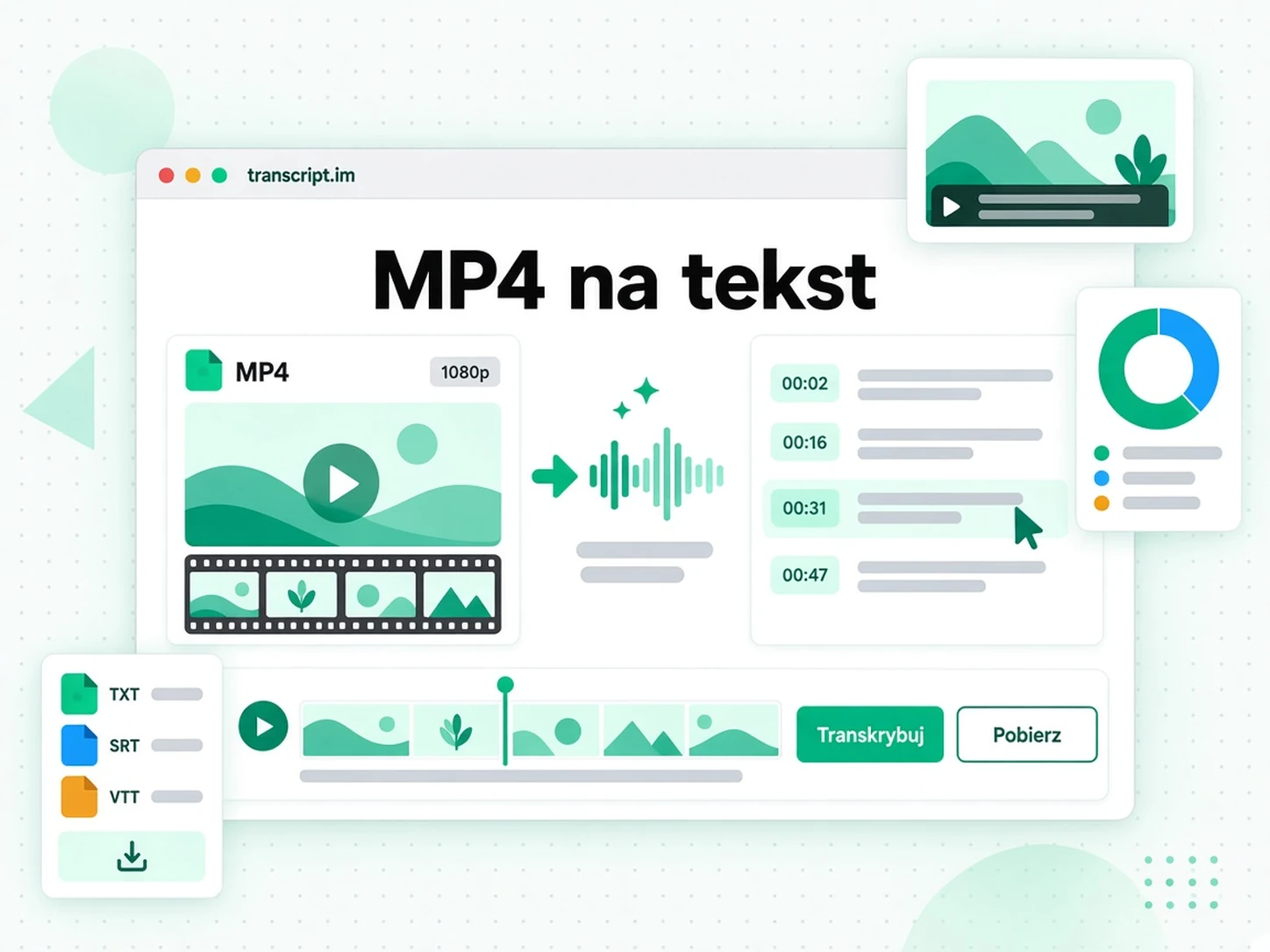 MP4 na tekst: konwerter zamienia przesłany plik MP4 w edytowalny tekst ze znacznikami czasu