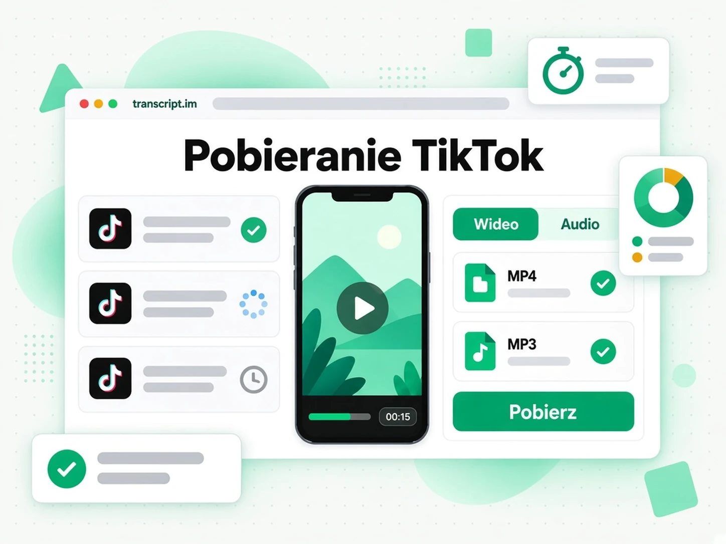 Pobieranie TikTok: pole linku z zakładkami MP3 i MP4 oraz przyciskiem pobierania