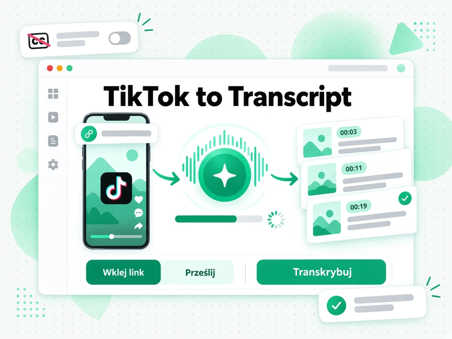 AI transkrybuje dźwięk filmu TikTok do transkrypcji ze znacznikami czasu