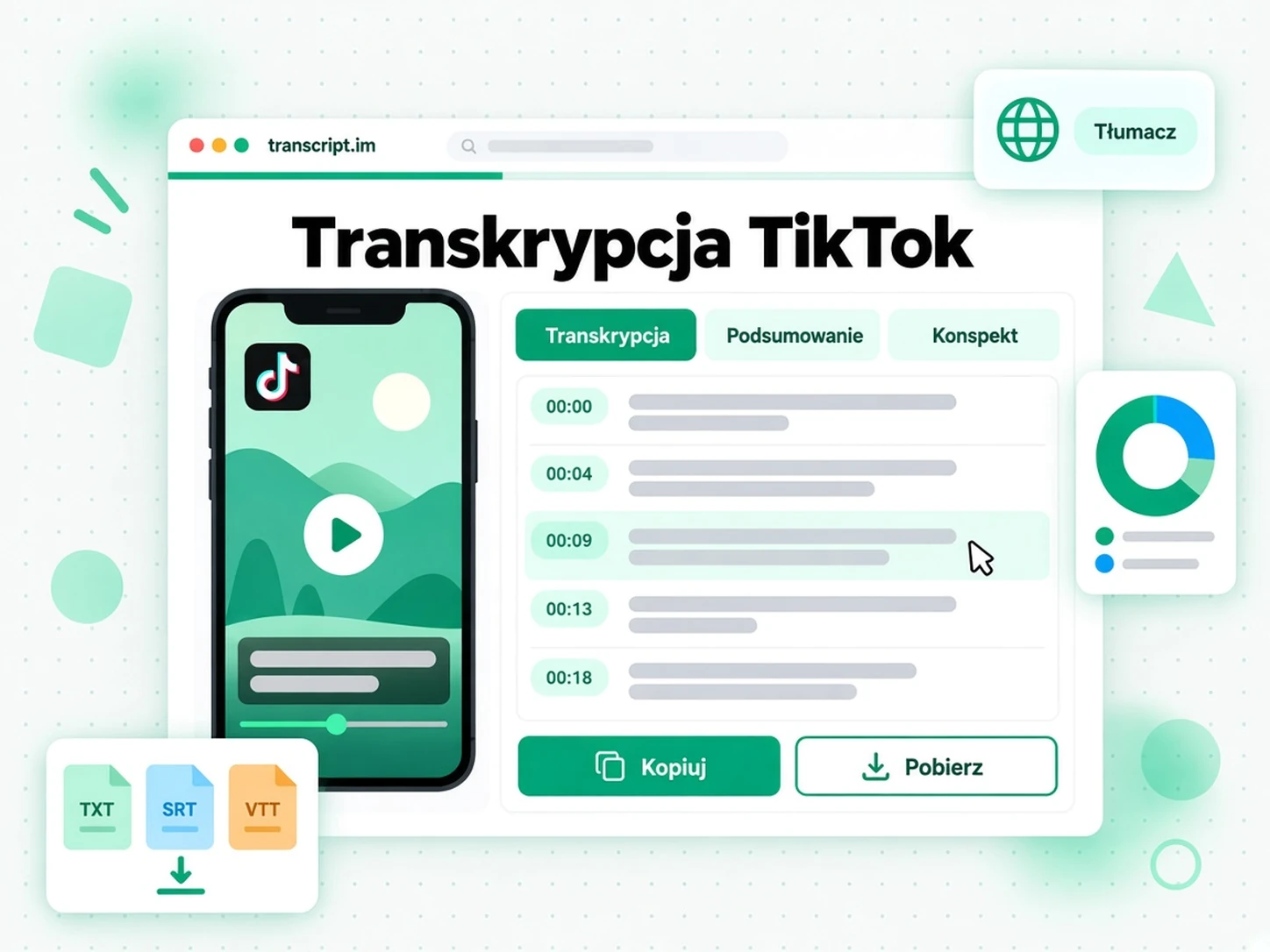 Transkrypcja TikTok: generator zamienia film w transkrypcję ze znacznikami czasu