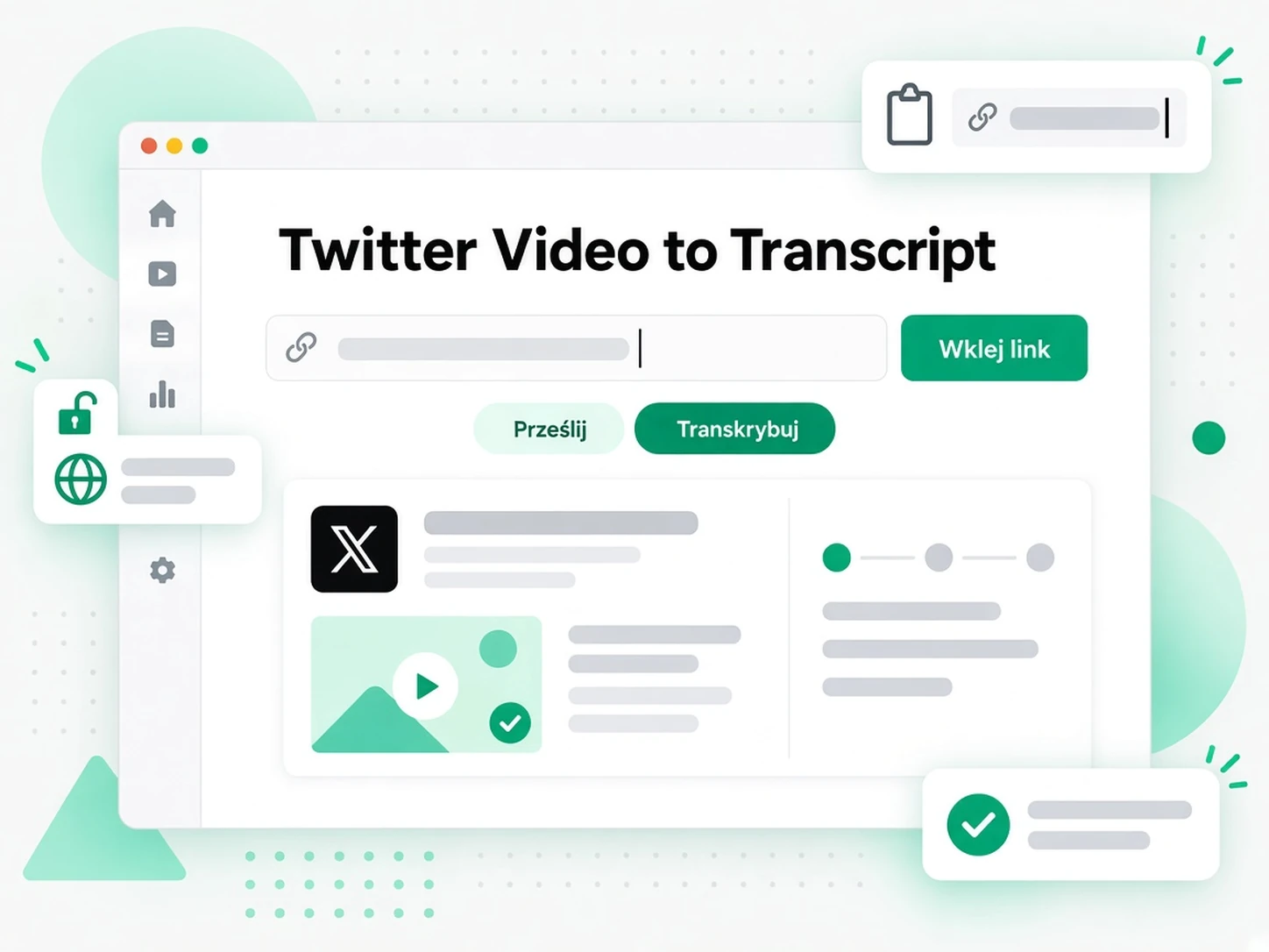 Publiczny adres URL statusu Twitter wpisany w generatorze transkrypcji wideo