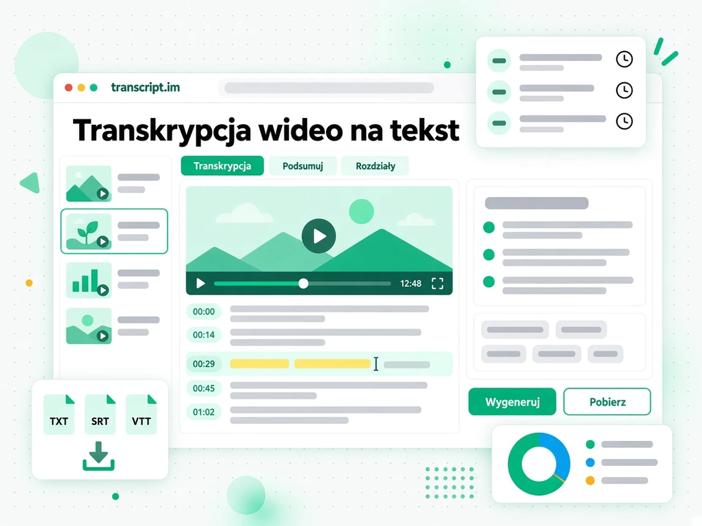 Transkrypcja wideo na tekst: generator zamienia przesłany film lub wklejony link w transkrypcję ze znacznikami czasu