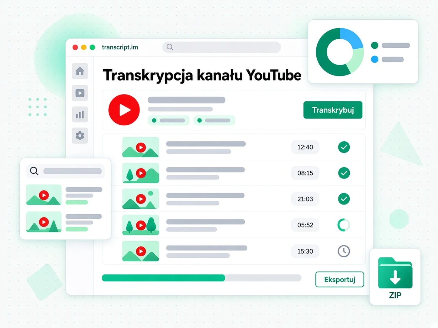 Transkrypcja kanału YouTube: narzędzie przetwarza wszystkie filmy kanału równolegle
