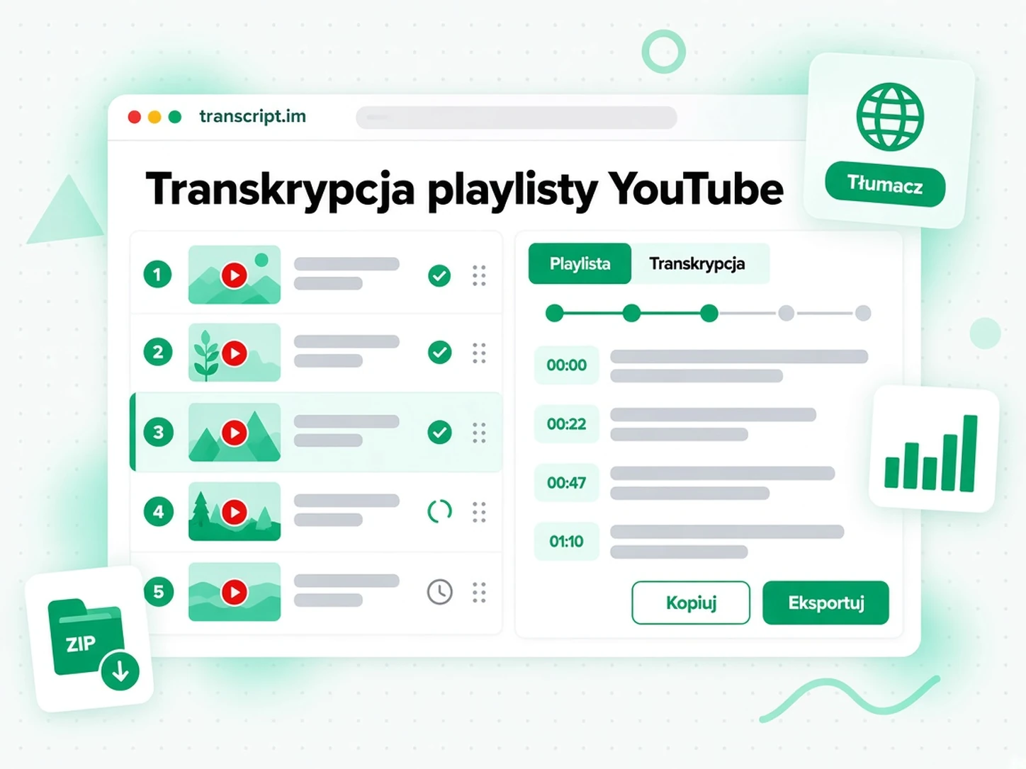 Transkrypcja playlisty YouTube: narzędzie przetwarza całą playlistę równolegle i scala wynik