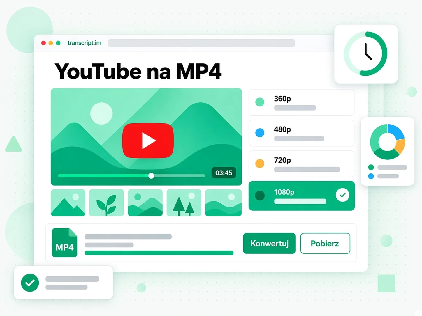 YouTube na MP4: siatka rozdzielczości od 360p do 1080p z wybraną jakością i przyciskiem pobierania