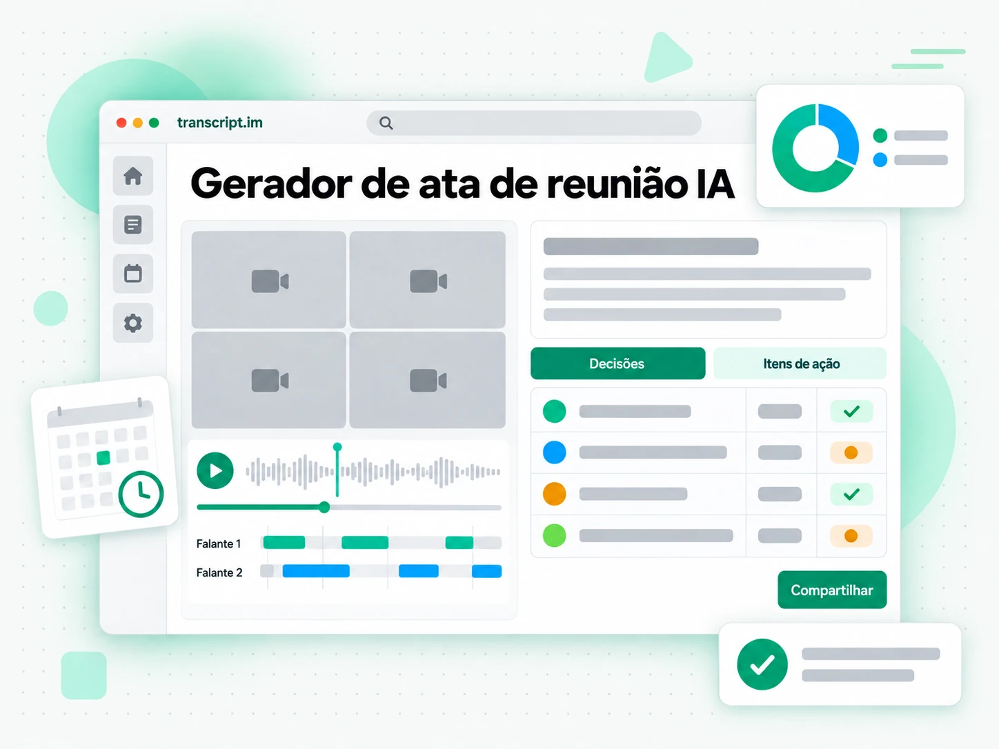 Gerador de ata de reunião IA transformando uma gravação em notas e itens de ação