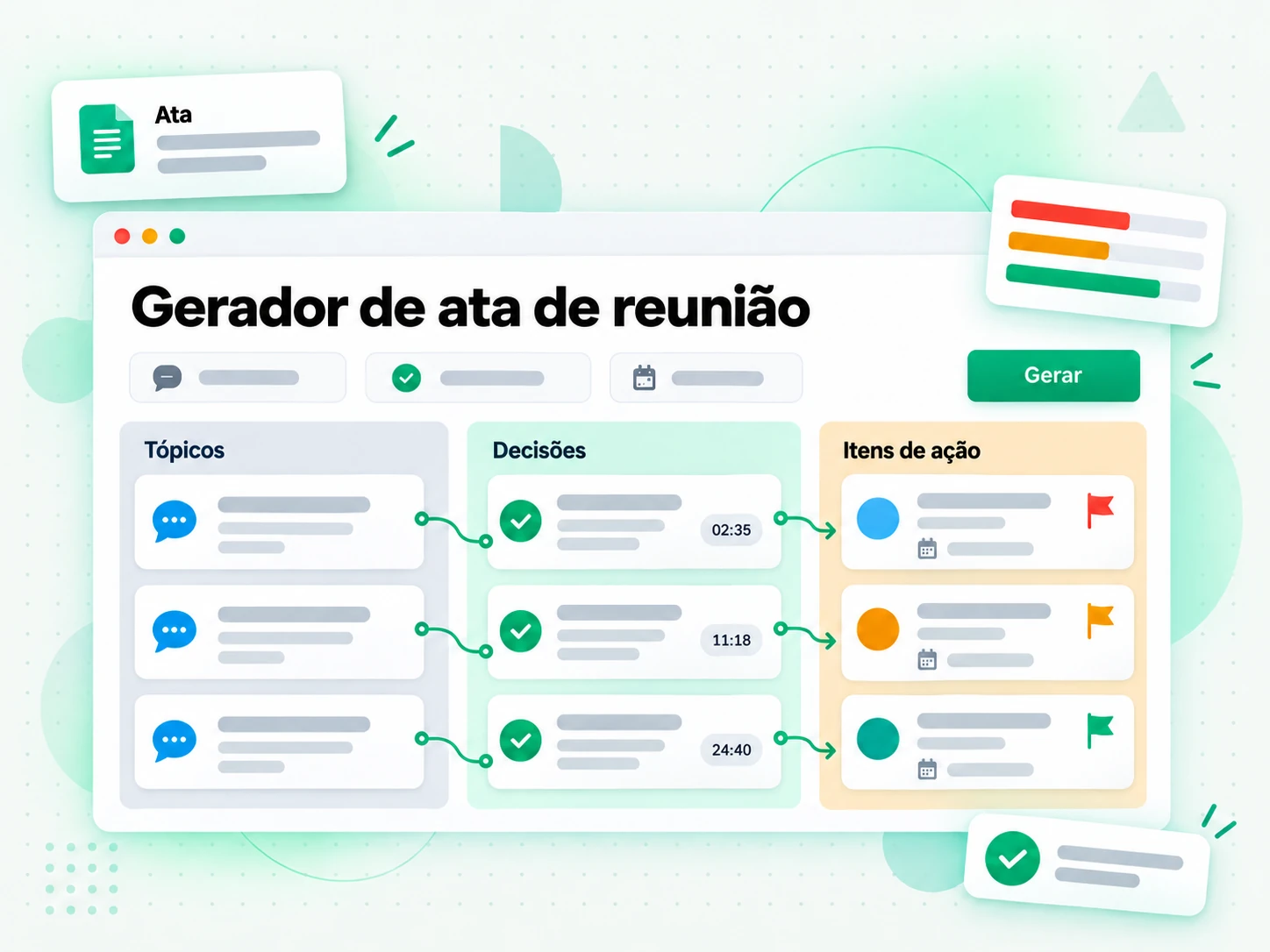 Gerador de ata de reunião extraindo itens de ação e decisões de uma gravação