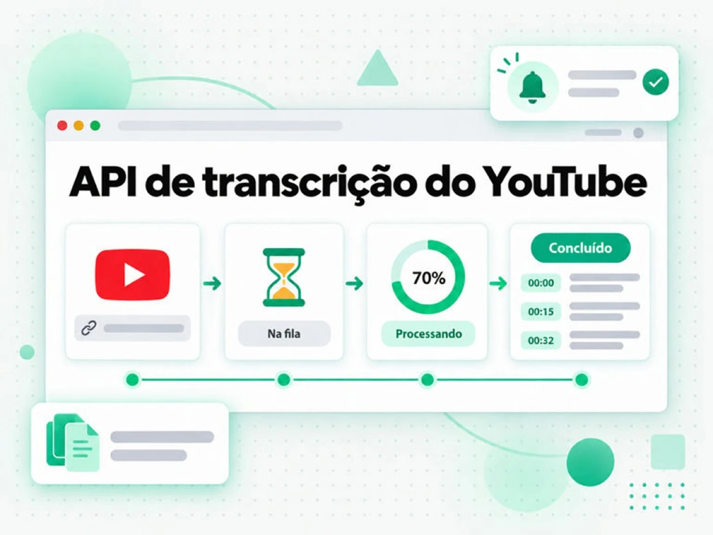 API de transcrição do YouTube: um link do YouTube passa da fila até a transcrição concluída