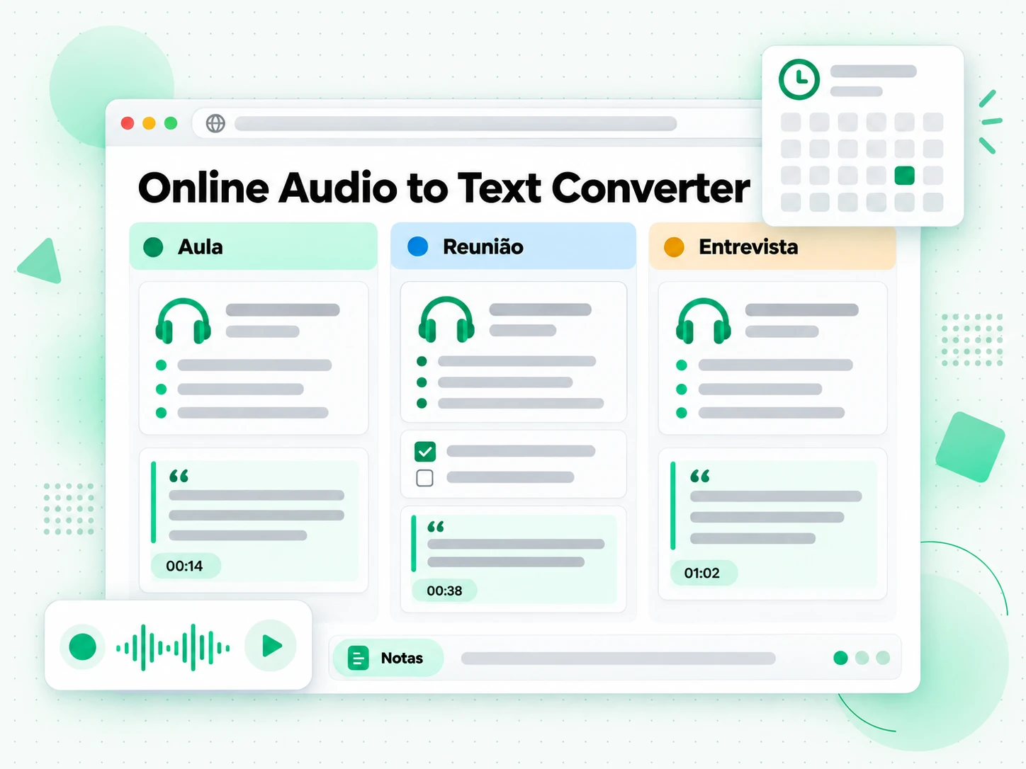 Online Audio to Text Converter transformando a transcrição em notas de reunião