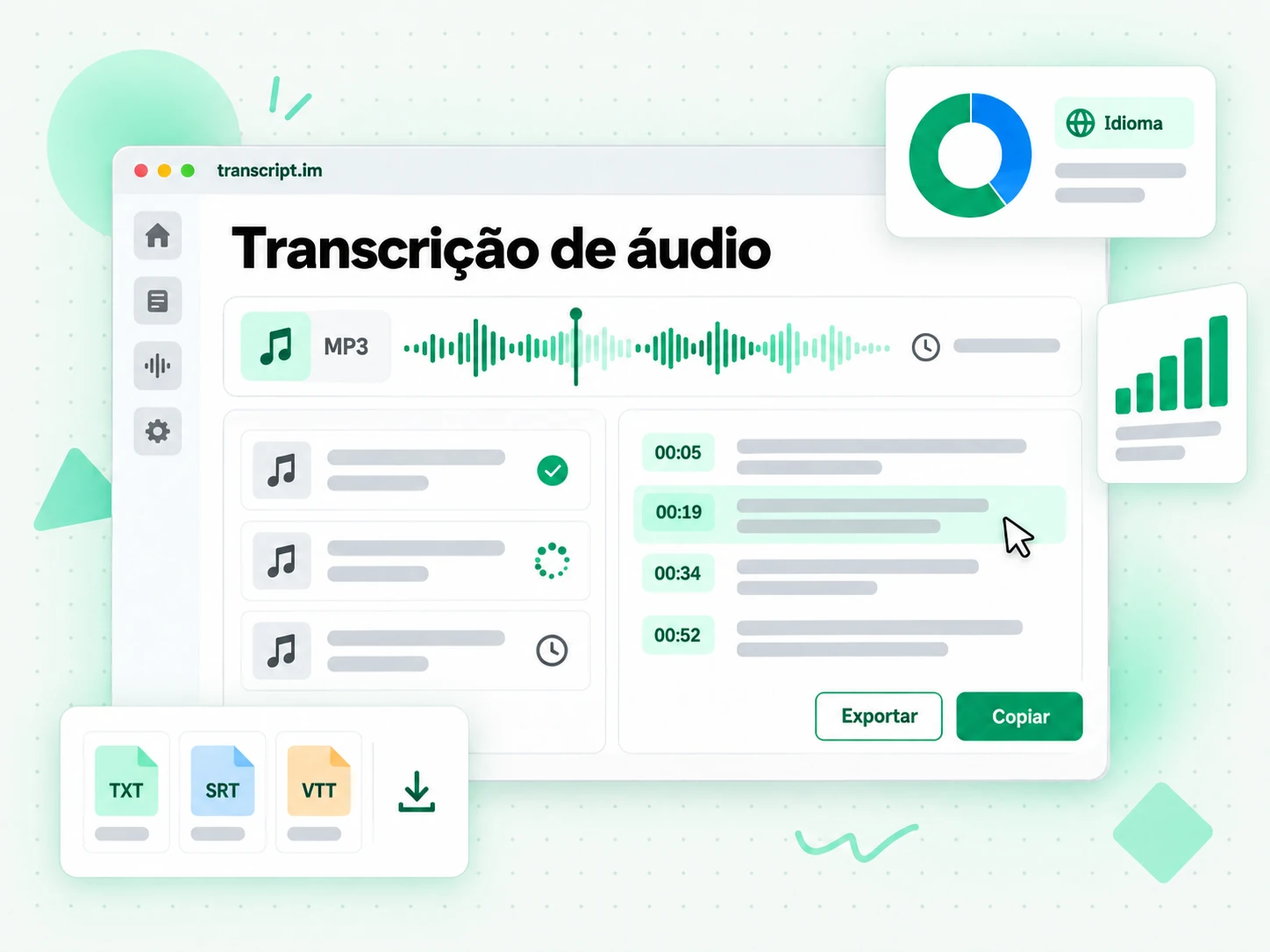 Transcrição de áudio transformando uma forma de onda de MP3 em texto com marcas de tempo