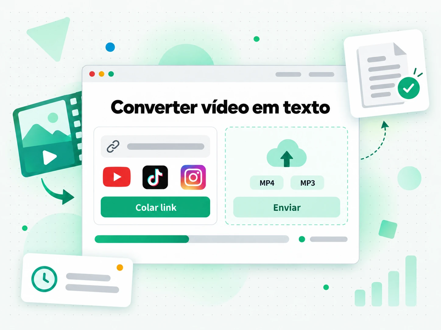Converter vídeo em texto: colar o link de um vídeo ou enviar um arquivo para começar a transcrever