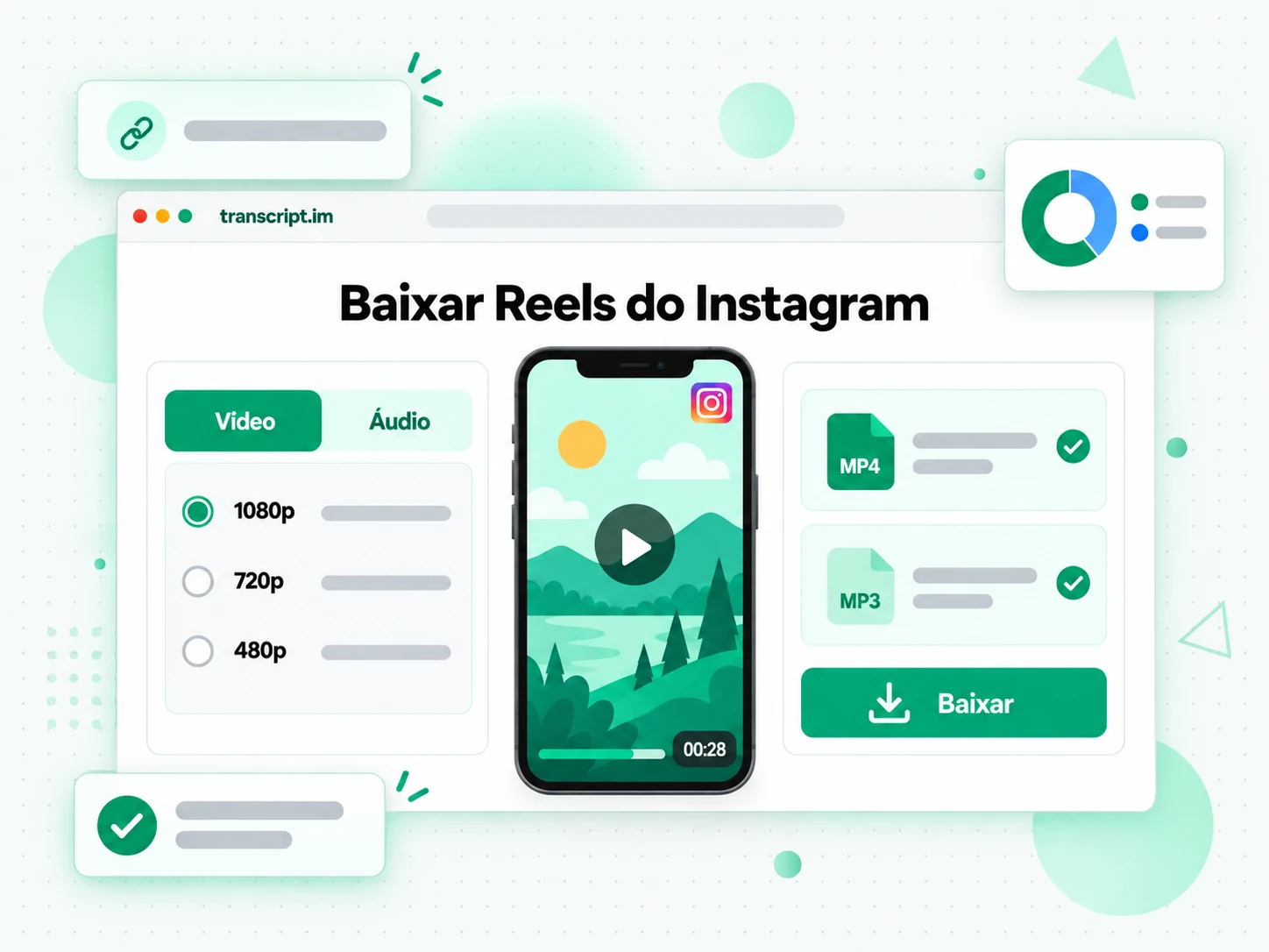 Baixar Reels do Instagram com campo de link, abas MP3 e MP4 e botão de download