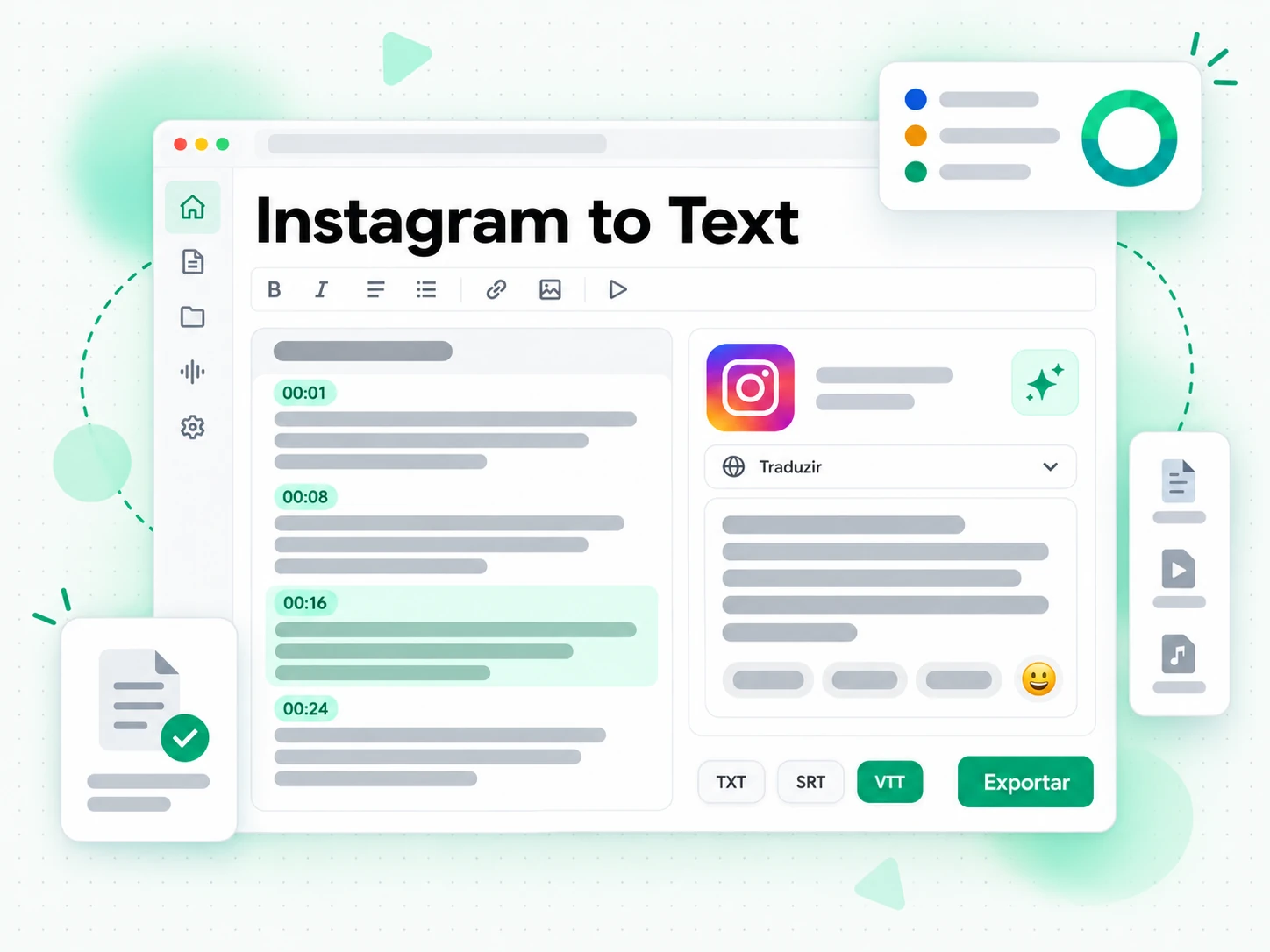 Instagram to Text traduzindo e exportando a transcrição do Reel