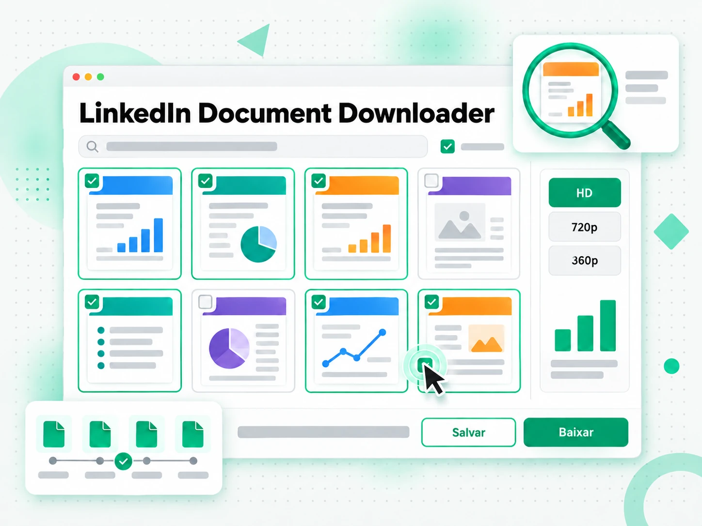 LinkedIn Document Downloader mostrando a grade de páginas encontradas