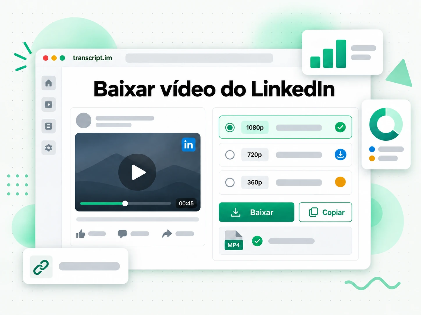 Baixar vídeo do LinkedIn com URL de post público e duas opções de qualidade MP4