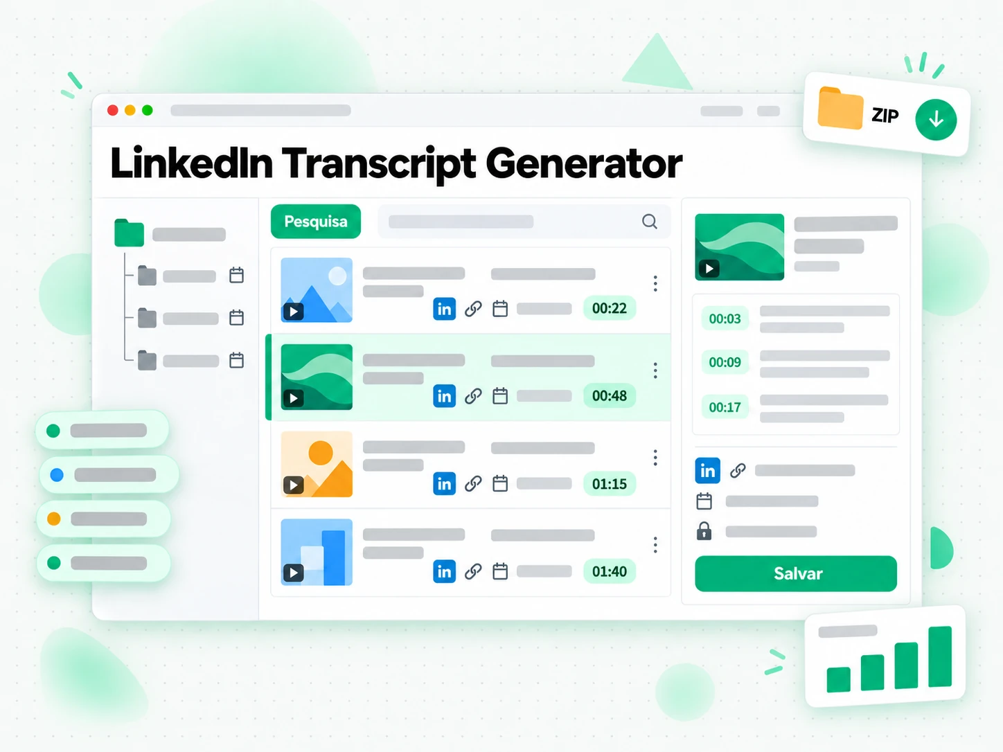 Gerador de transcrição do LinkedIn: pesquisadora arquivando uma transcrição de vídeo do LinkedIn com marcação de tempo e dados da fonte