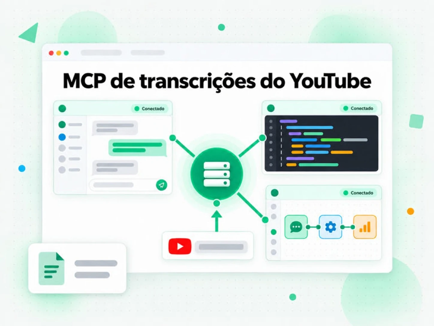 MCP de transcrições do YouTube: clientes de chat, editor de código e criador de agentes conectados a um servidor com um link do YouTube