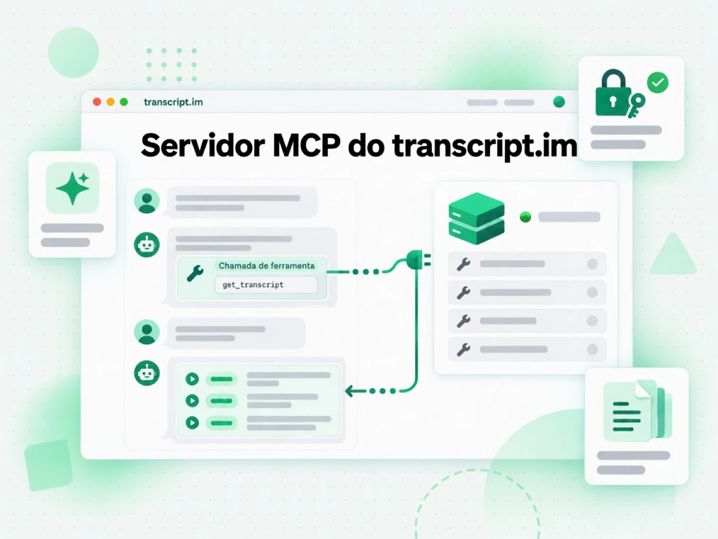 Servidor MCP do transcript.im: um cliente de IA chama a ferramenta de transcrição em um servidor MCP remoto