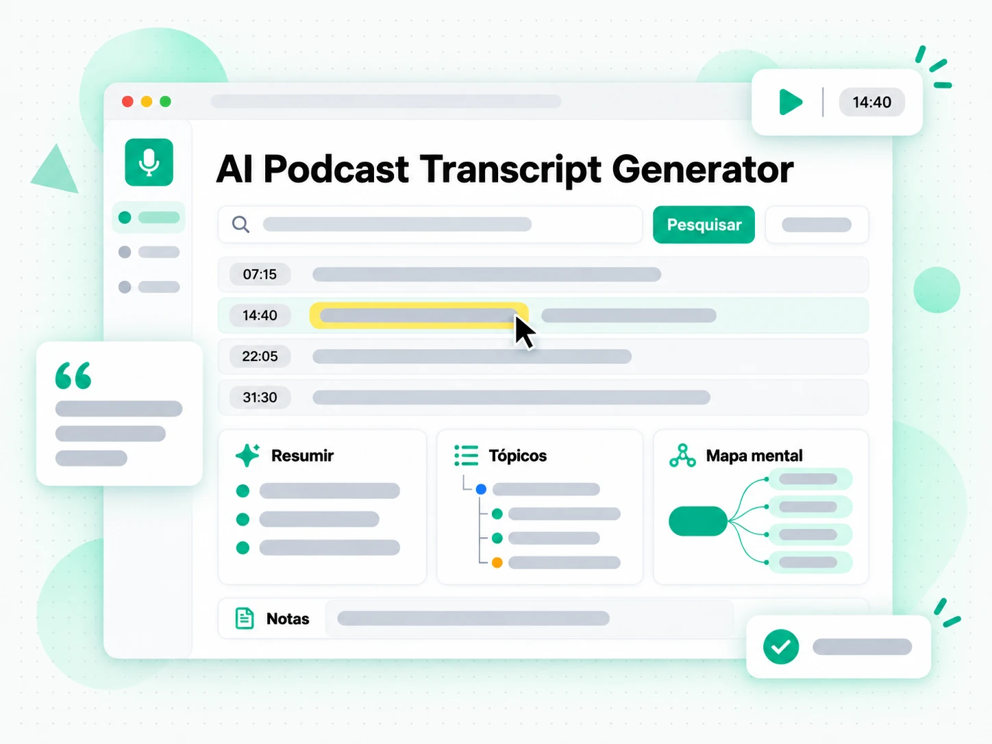 AI Podcast Transcript Generator criando show notes e mapa mental