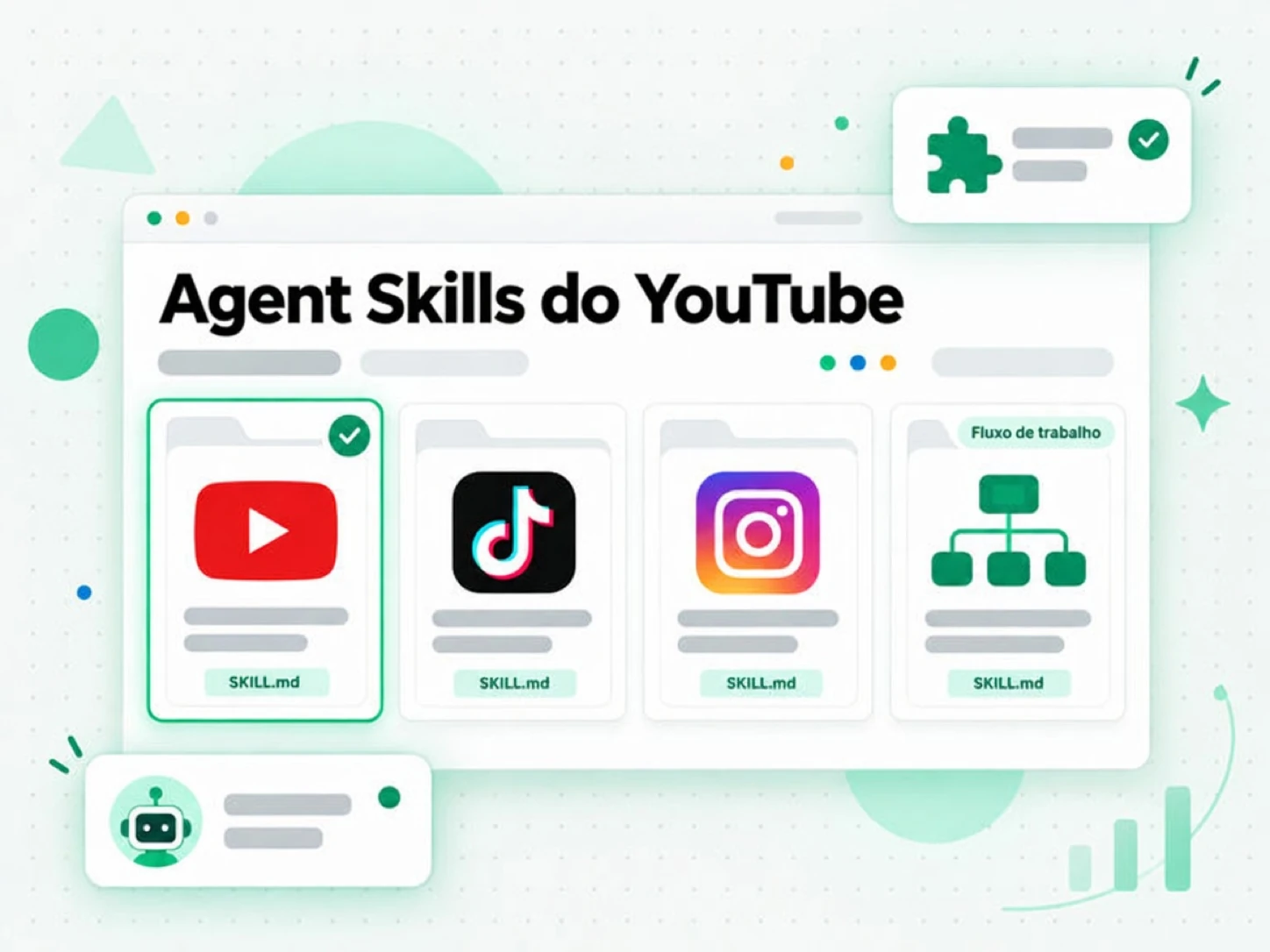 Agent Skills do YouTube: pacotes de skills para YouTube, TikTok, Instagram e fluxos de trabalho
