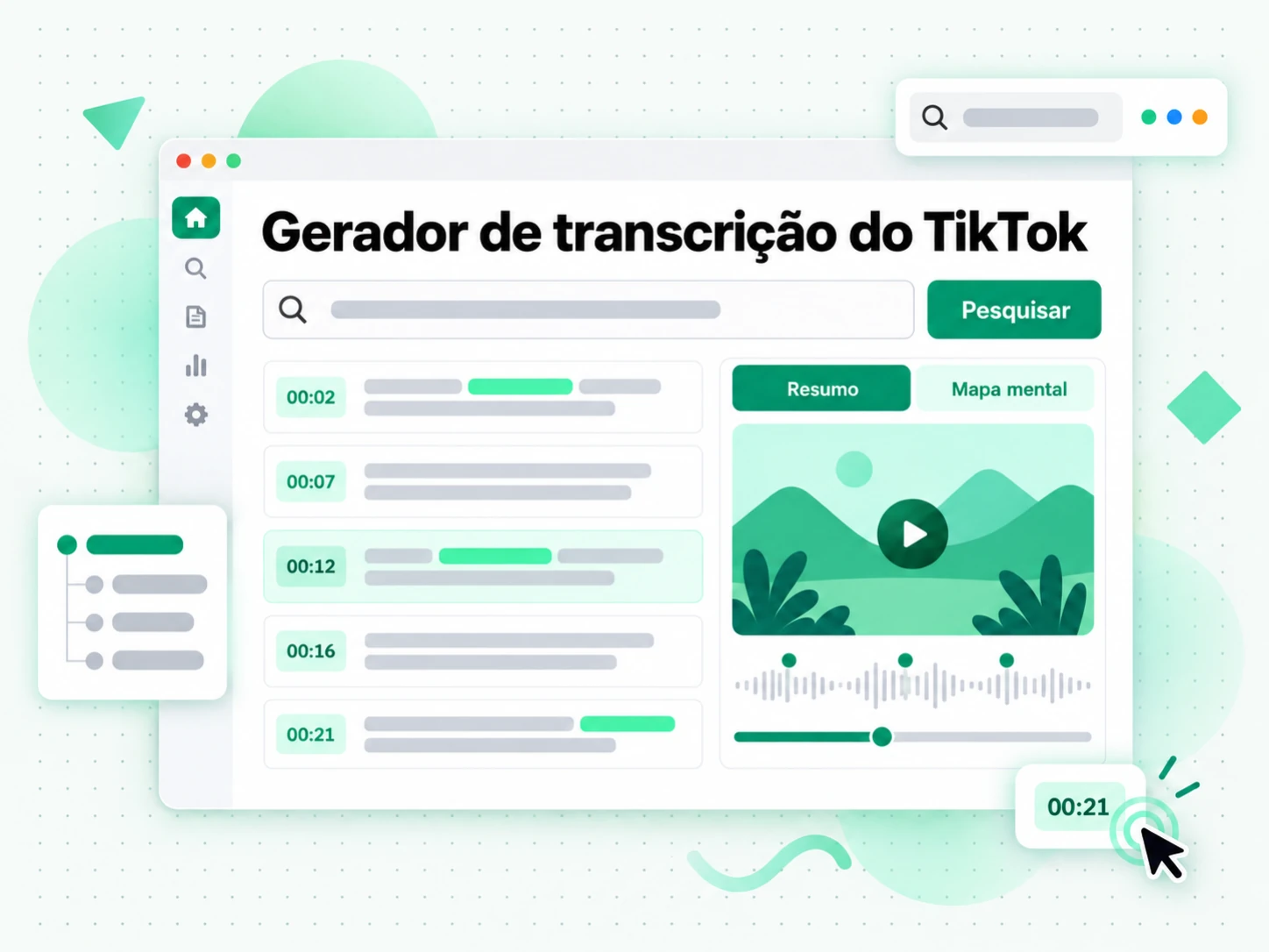 Gerador de transcrição do TikTok com resumo, esquema e mapa mental