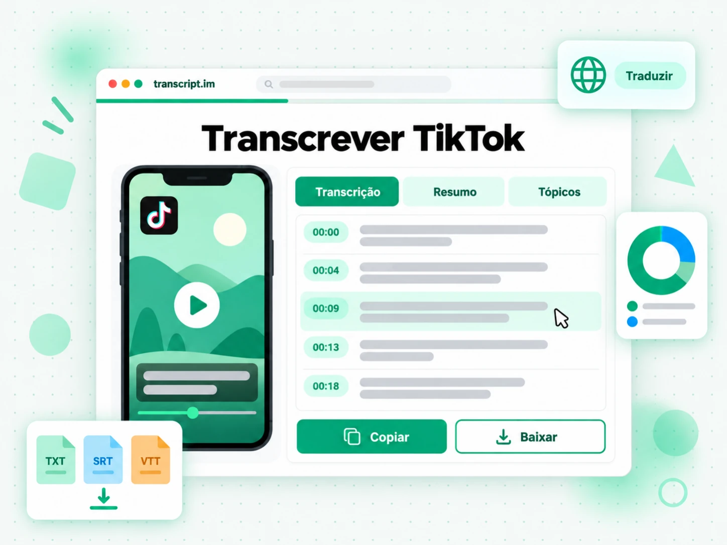 Transcrever TikTok gerando uma transcrição com marcas de tempo a partir do vídeo