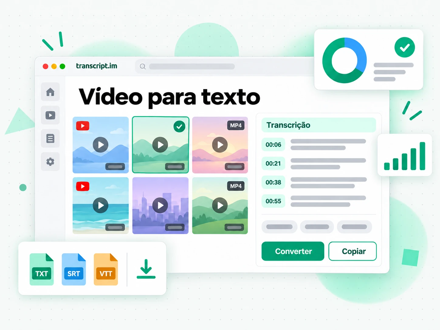 Vídeo para texto transformando um upload de MP4 em transcrição com marcas de tempo