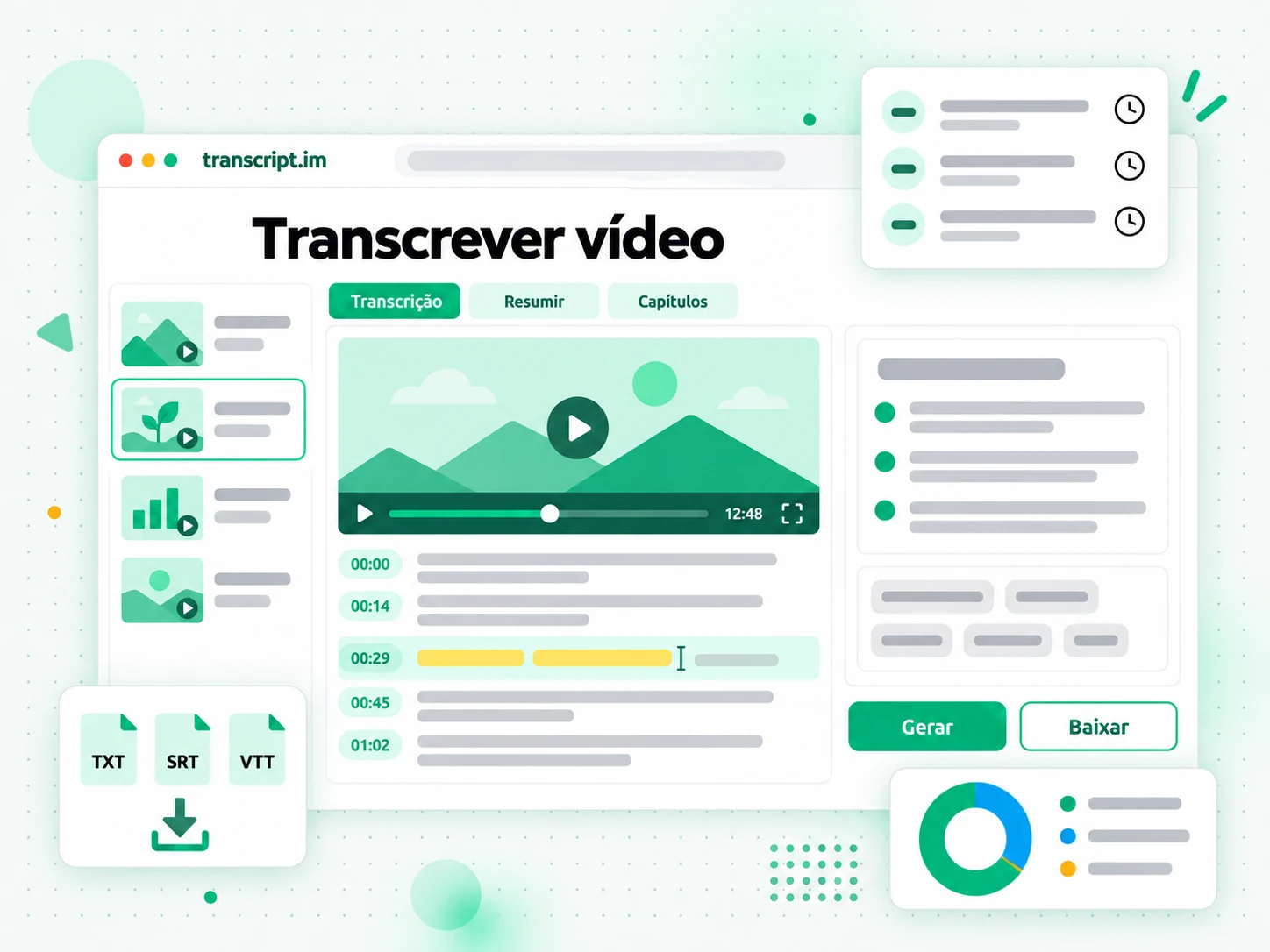 Transcrever vídeo transformando um upload ou link colado em transcrição com marcas de tempo