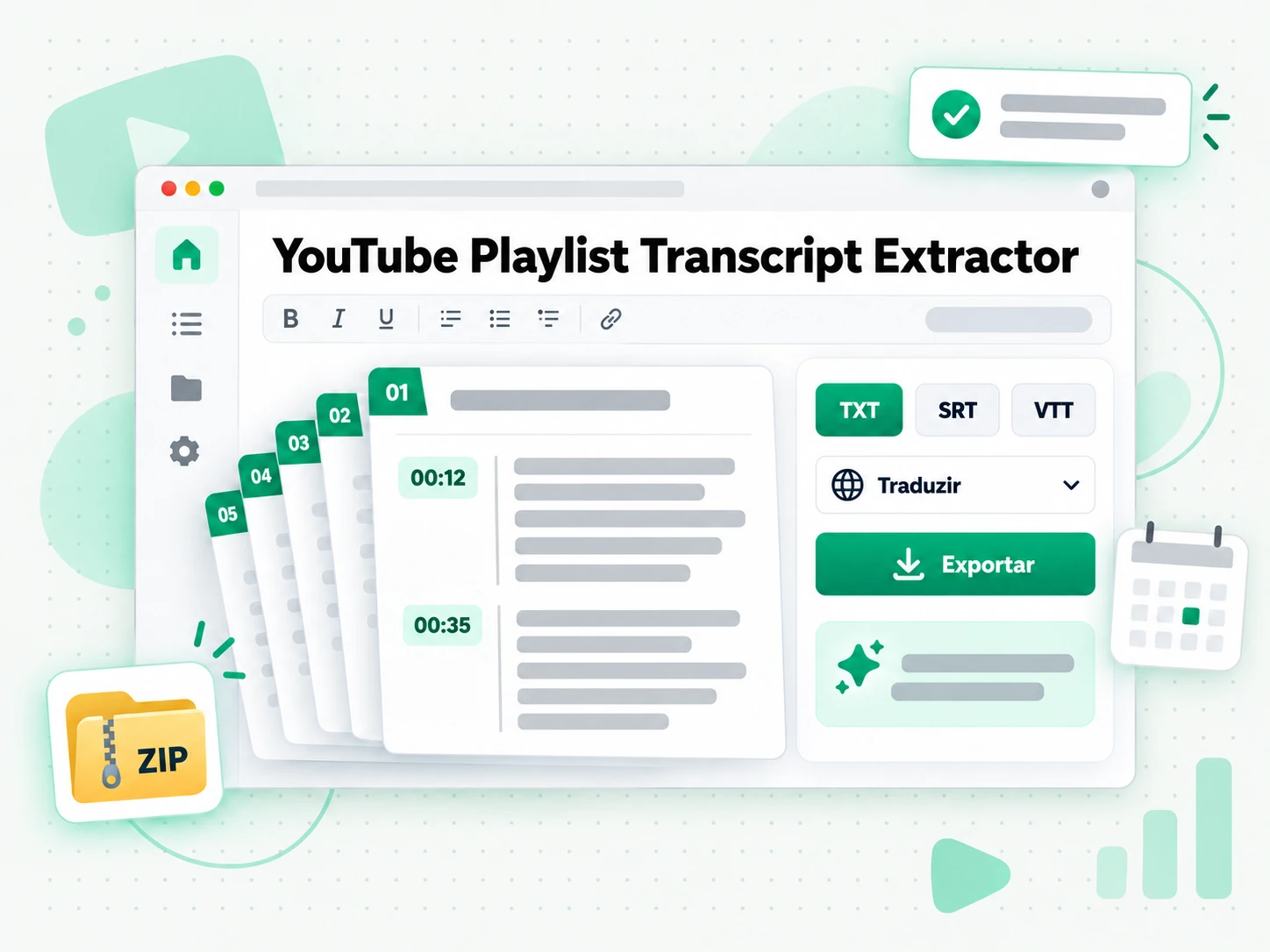 YouTube Playlist Transcript Extractor exportado como TXT, SRT ou VTT