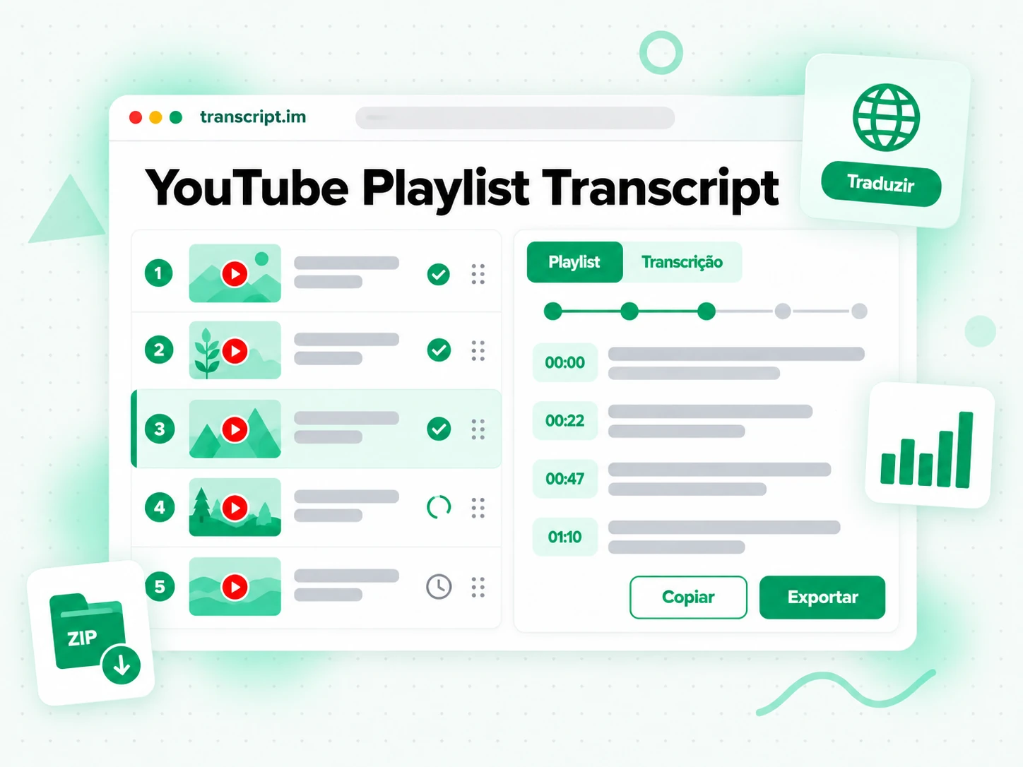 YouTube Playlist Transcript processando uma playlist inteira e unindo o resultado