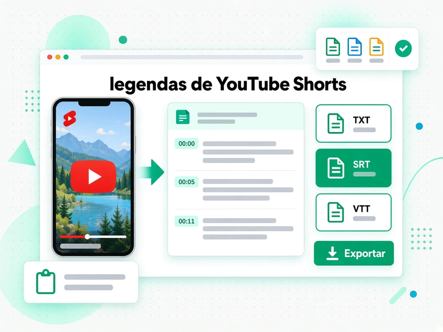 legendas de YouTube Shorts: Exporte, traduza ou reutilize