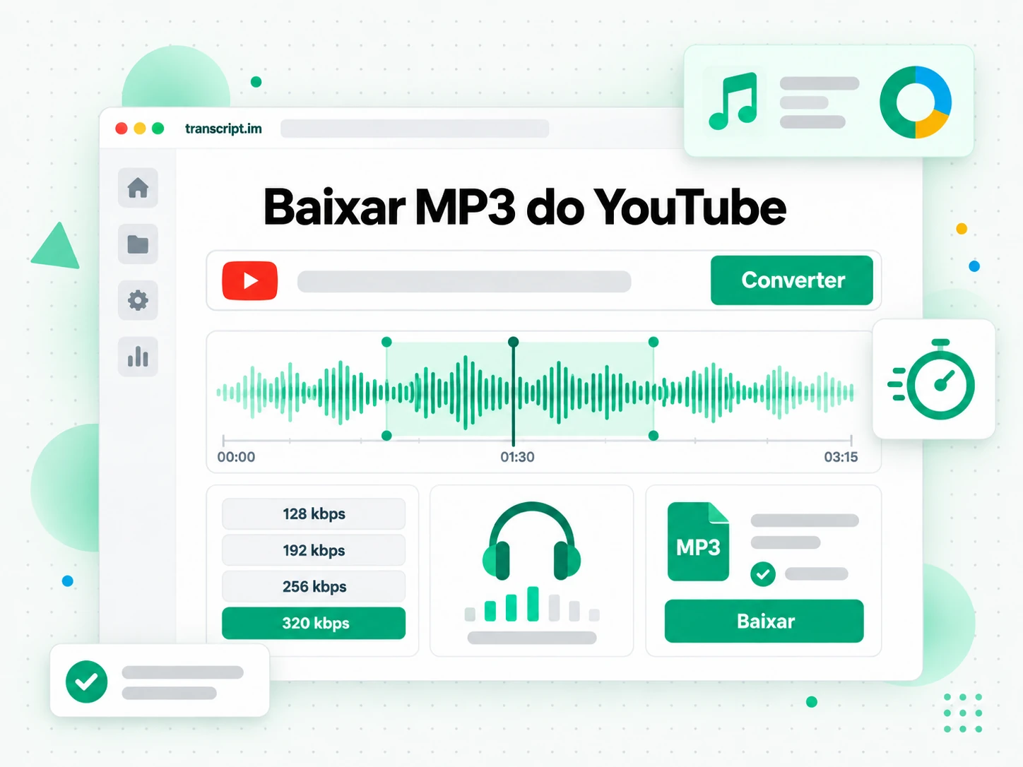 Baixar MP3 do YouTube: miniatura de vídeo convertida em player de áudio com seletor de taxa de bits