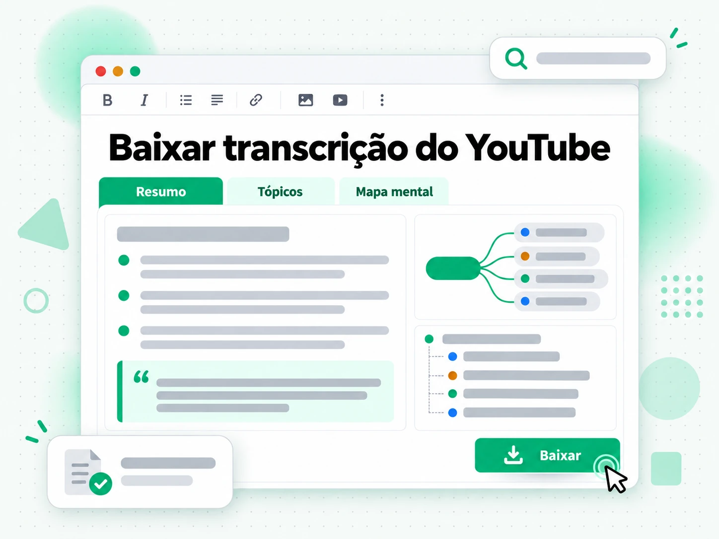 Baixar transcrição do YouTube com resumo, esquema e mapa mental