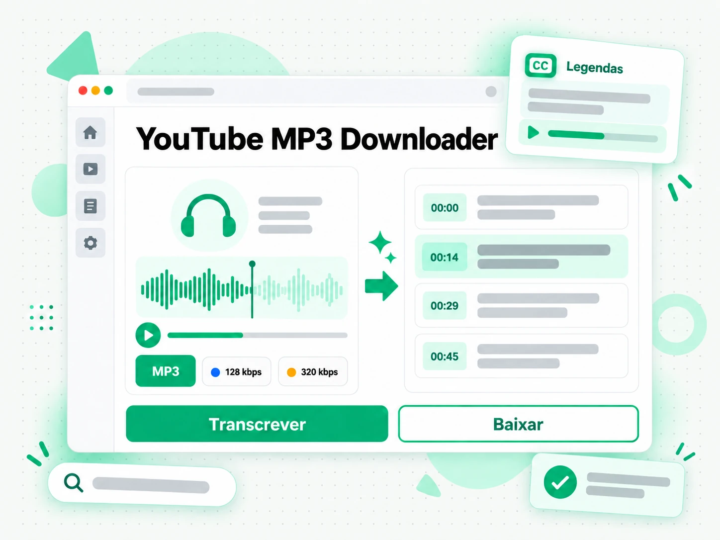 YouTube MP3 Downloader preparado para transcrição e legendas