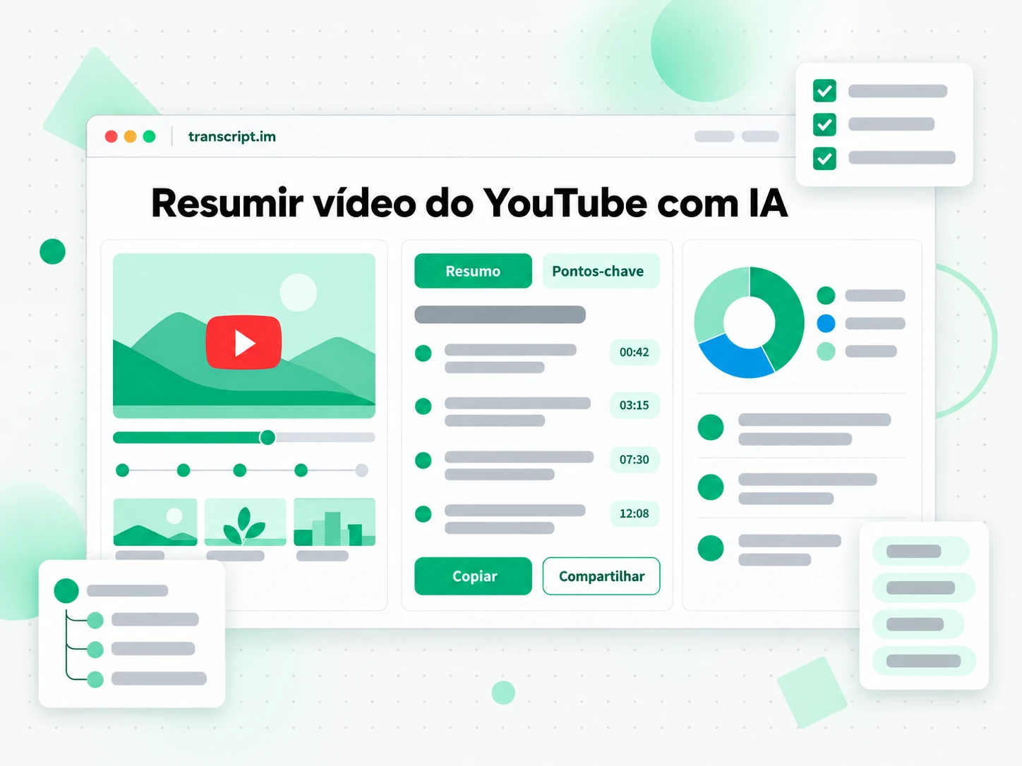 Resumir vídeo do YouTube com IA em tópicos-chave a partir da transcrição