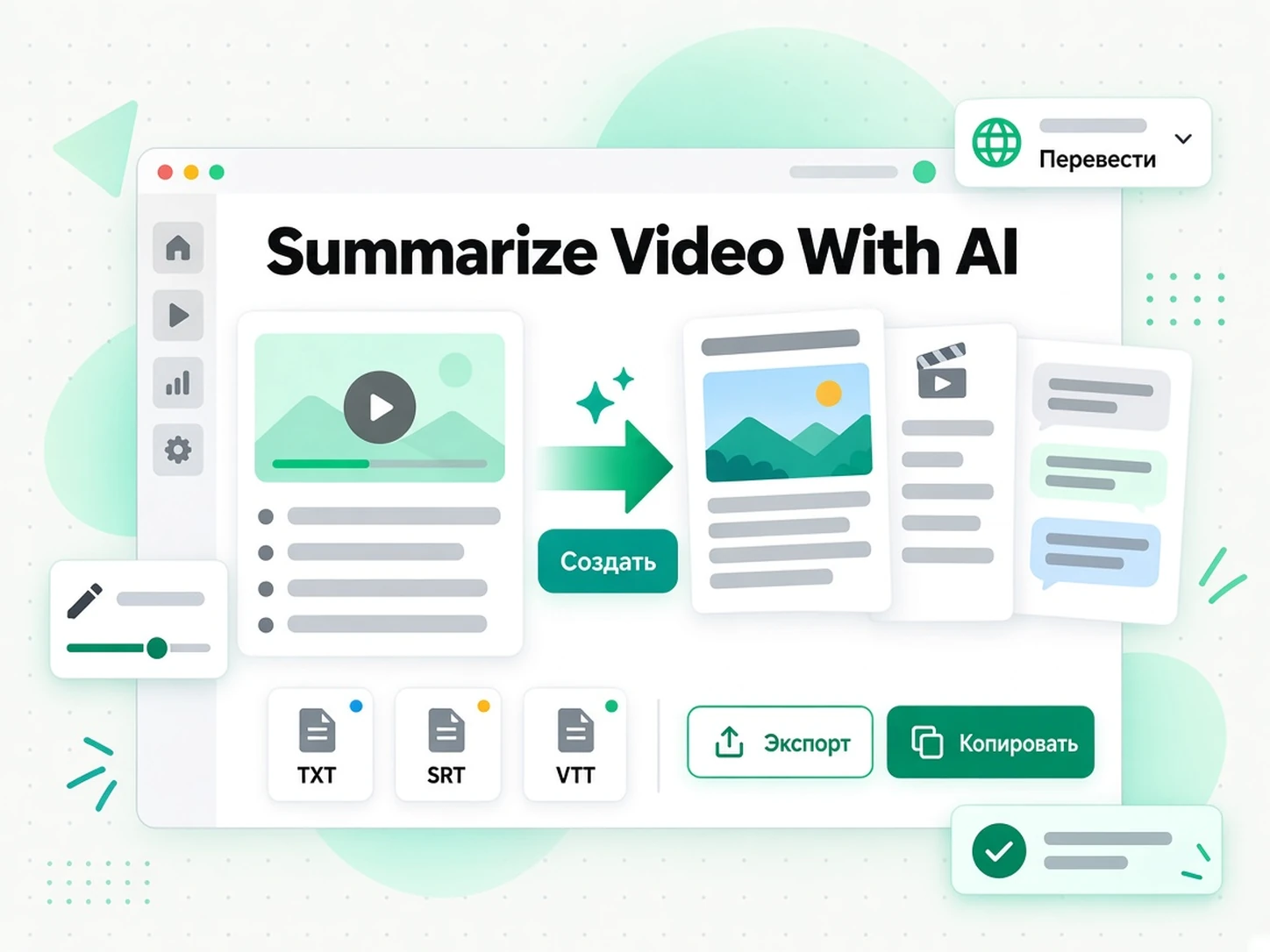 Summarize Video With AI: переписывание и экспорт сводки видео в новый сценарий или статью