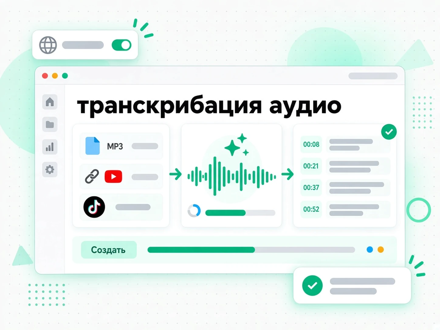 транскрибация аудио: загрузка аудиофайла или вставка ссылки в генератор расшифровок